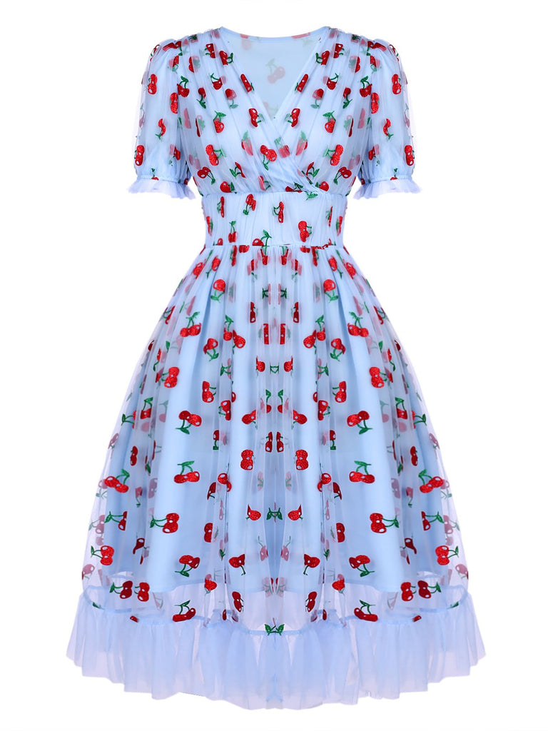 Blue 1950s Lace Cherry Swing Dress ...